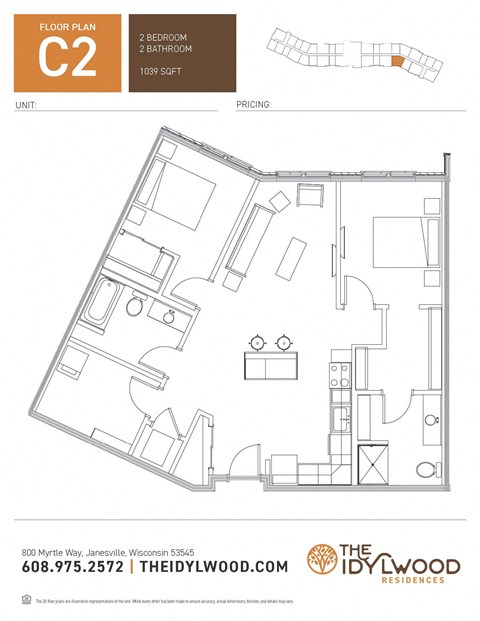 Floor plan for 2 beds, 2 baths, 1039 sqft